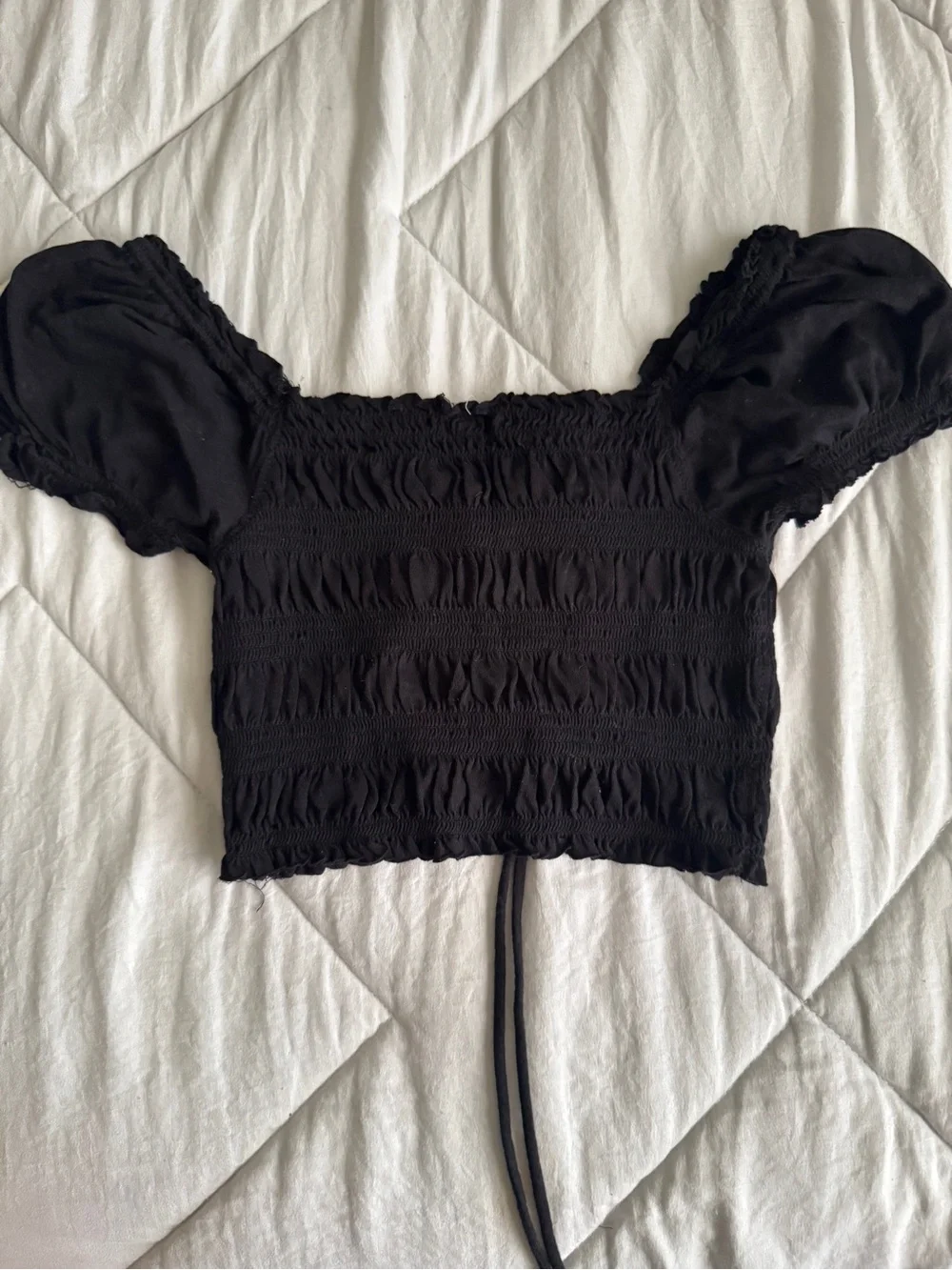 Garage Black Puff-Sleeve Smocked Crop Top with Drawstring